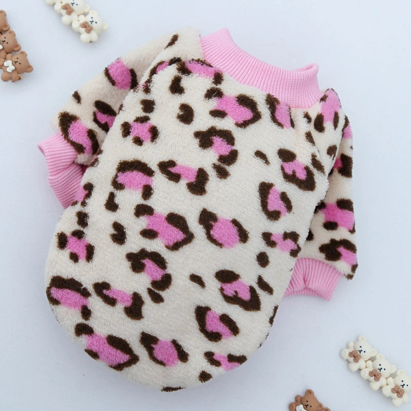 Lovely Leopard Pet Dog Clothes Soft Flannel Winter Puppy Overalls York Dog Cartoon Printing Sphinx Cat Sweatshirt Drop Shipping