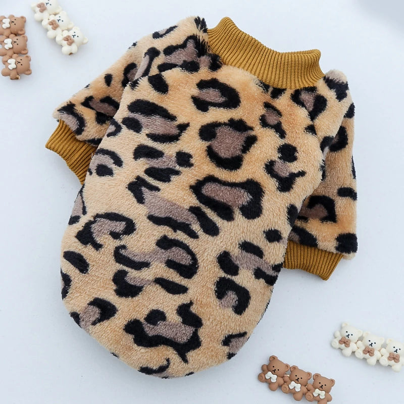 Lovely Leopard Pet Dog Clothes Soft Flannel Winter Puppy Overalls York Dog Cartoon Printing Sphinx Cat Sweatshirt Drop Shipping
